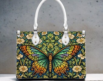 Stained Glass Butterfly Handbag, PU Leather Tote Bag, Nature Art Crossbody Purse, Butterfly Tote, Colorful Art Handbag