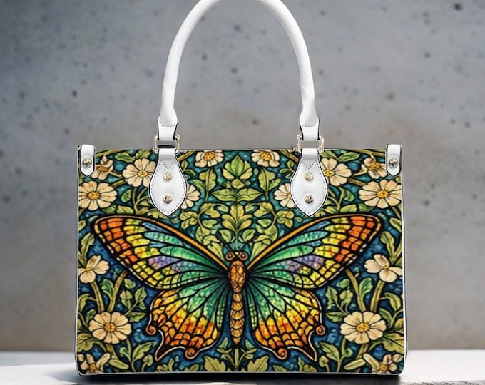 Stained Glass Butterfly Handbag, PU Leather Tote Bag, Nature Art Crossbody Purse, Butterfly Tote, Colorful Art Handbag