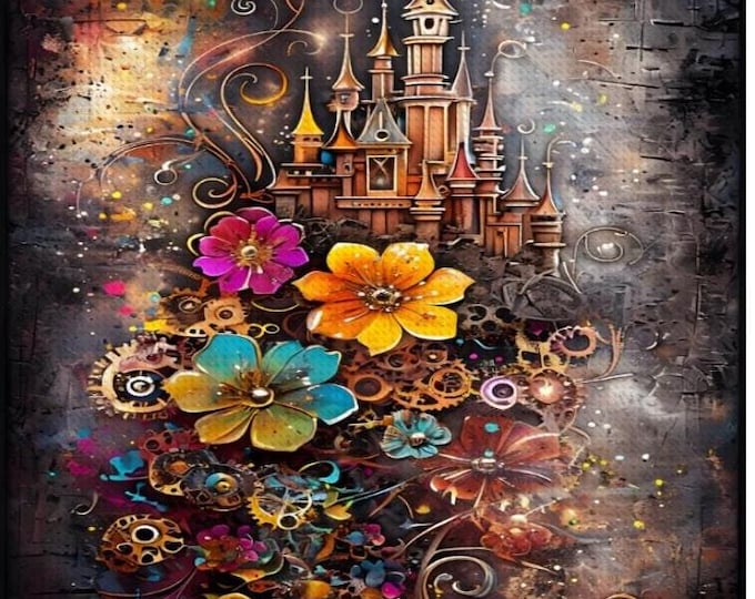Diamond Painting, Castle, Steampunk, Colorful Mechanical Flowers, Diamond Paintings, DIY, 16”x20”, Diamond Art, 2 Designs, Kit, Customize