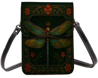 Leather Cell Phone Purse With Shoulder or Crossbody Strap, Dragonfly and Flowers, Adjustable Removable Strap, Unique Purse