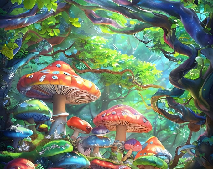 Diamond Painting, Magical Mushrooms in the Forest, DIY, Diamond Painting with Frame, Framed Canvas, 20"x28” or 16”x20”, Diamond Art