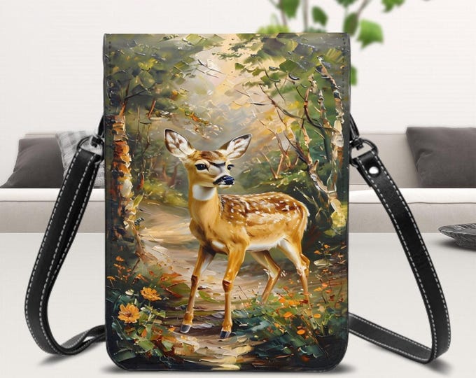 Woodland Creatures, Deer, Leather Cell Phone Purse With Shoulder Strap, Deer in the Forest, Adjustable Strap, Card Holder Slots