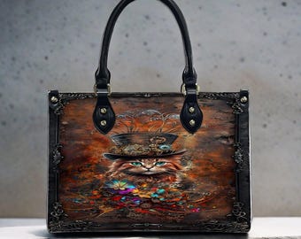 Steampunk Cat Tote Bag, Gothic Victorian Fantasy PU Leather Crossbody Shoulder Purse
