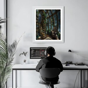 Dream Library Lounge Spaceship View, Diamond Art Painting Kit, Free Shipping, Space Window View, Garden Room, 16”x20”, Diamond Art on Canvas image 4