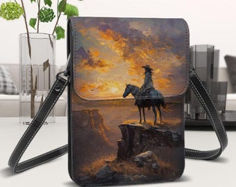 Cowgirl & Stallion Leather Cell Phone Purse: Cliffside Horse Art