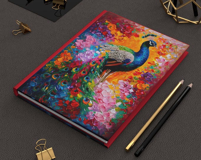 Hardcover Journal, Bright Colorful Peacock Journal, Chunky Oil painting of Peacock
