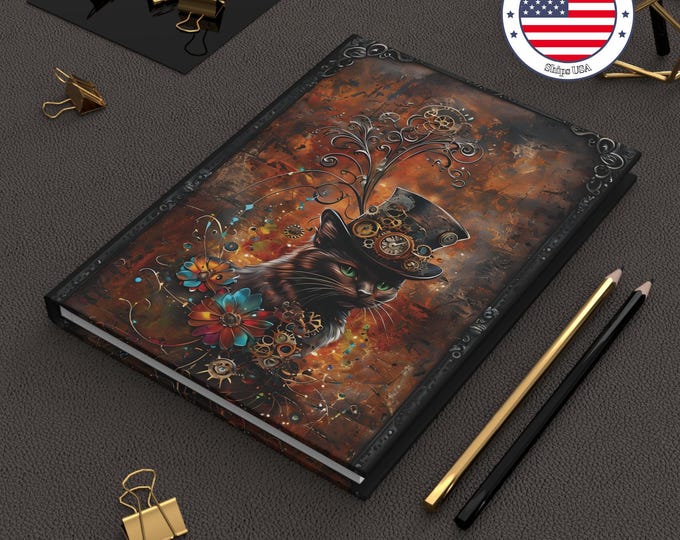 Steampunk Black Cat Journal: Floral Top Hat, Lined Hardcover Diary