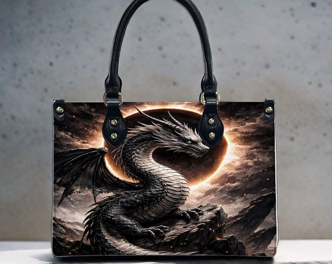 Gothic Dragon PU Leather Tote Bag, Dark Fantasy Art Shoulder Purse
