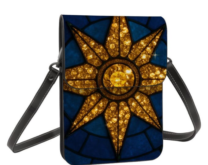 Stained Glass Sunburst Cell Phone Purse – Blue & Gold Crossbody Phone Bag, Adjustable Shoulder Strap, PU Leather Mini Purse for Women