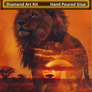 Sunset Lion Diamond Painting Kit | DIY Full Craft Art Safari Inspired 16x20 | Nature Decor Free Shipping - Unique Home Gift Hobby Kit