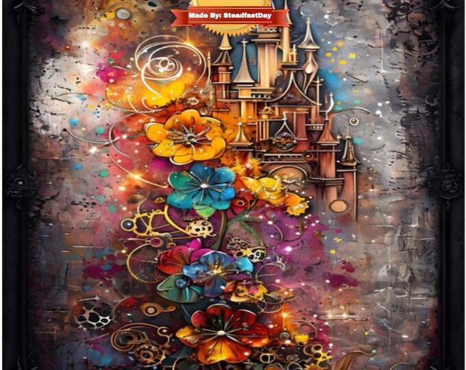 Steampunk Castle Paint by Numbers Kit, Framed Art, DIY Painting, Paint Kit with Stand, Mechanical Flowers, PBN, Color by Number, 2 Designs