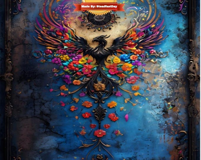 Framed Phoenix Paint by Numbers Kit for Adults with Stand,  Blue Background with Flowers, Phoenix Art, DIY Wall Art, Vibrant & Gothic Design