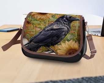 Leather Shoulder Bag, Crow in Sunflower Field, Crossbody Bag, Unique Art Purse Design, Adjustable Removable Strap