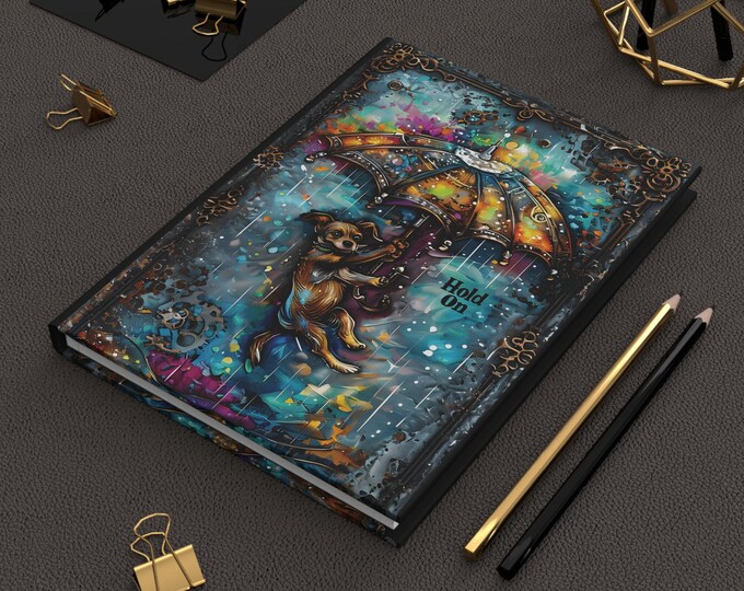 Hardcover, Dog, Rainy, Journal, Steampunk, Dog with Umbrella Design, Notebook, Sketchbook, Diary, Writing Pad, Gift for Writers