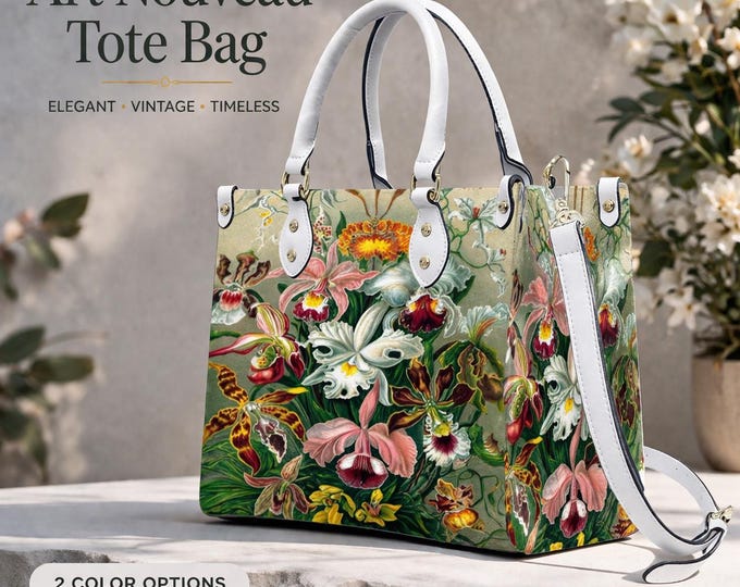 Floral Orchid Garden Tote Bag, Vintage Botanical Illustration, PU Leather