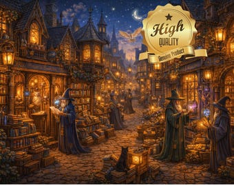 Fantasy Bookshop Puzzle, Wizard Street Puzzle, Cozy Magical Village, 500 1000 Piece Jigsaw, Library Puzzle, Fantasy Gift