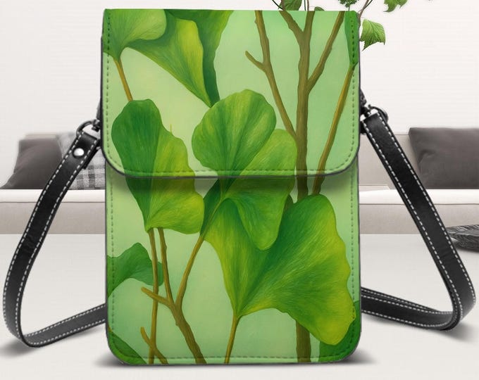 Leather Cell Phone Purse With Shoulder Strap, ginkgo leaves, Adjustable Strap for Crossbody Wear, Card Slots and Pockets, Nature Design Art