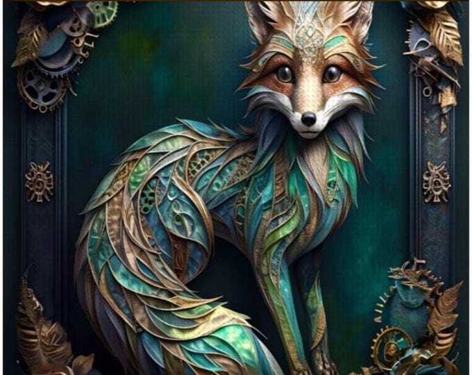 Steampunk Fox Art Kit, DIY Diamond Painting, Fox Pattern 2 Design Options, Full Craft Kit, Hand Poured Glue, Personalize to your Size & Fox