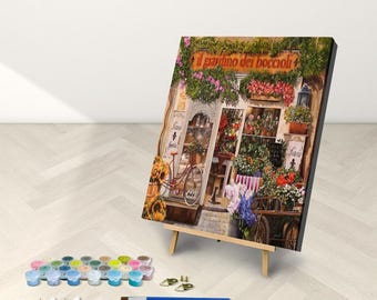 Marketplace Storefront, Framed or Frameless Paint by Numbers Kit with Stand, Antique vintage art by Guido Borelli, Full Craft Kit