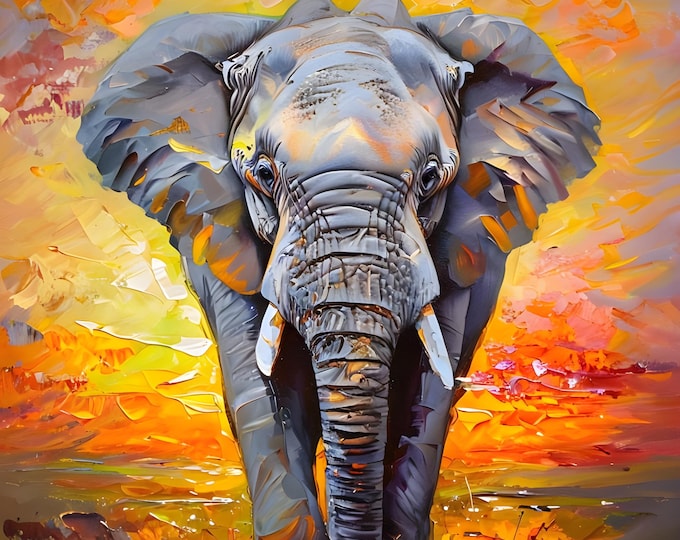 Diamond Painting, Elephant, Sunset, Vibrant, DIY, Diamond Painting with Frame, Framed Canvas, 20"x28” or 16”x20”, Diamond Art, Gift