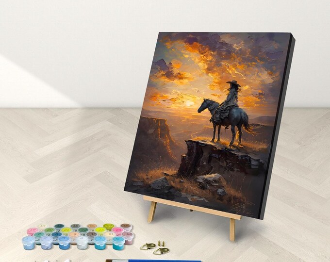Western Cowgirl on Stallion Cliffside Paint by Numbers Kit - 16x20 Framed DIY Art