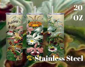 Orchids, Tumbler, Vintage Artwork, 20oz Straight Stainless Steel Tumbler with Straw, Personalize Name Option, Haeckel Art（Made in USA)