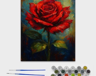 Red Rose Paint by Number Canvas – 16x20 Romantic Flower Painting Kit, Classic Floral Wall Art, Relaxing Adult Craft, DIY Home Décor