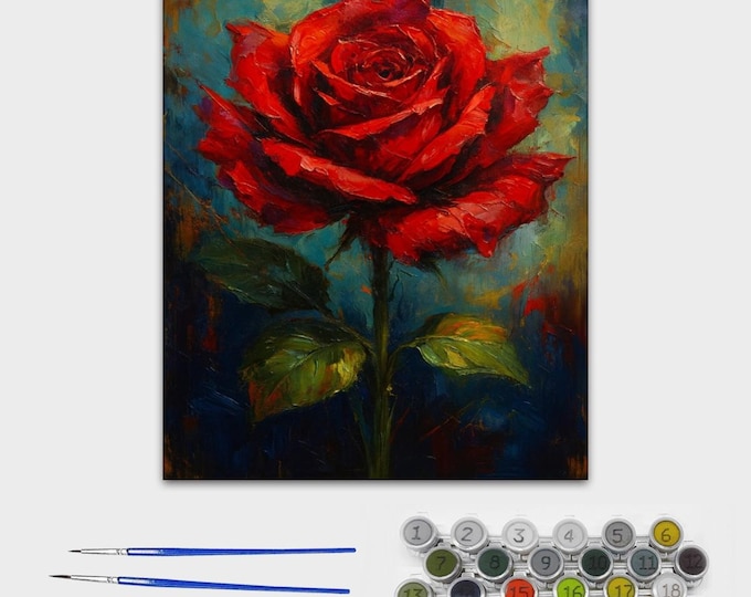 Red Rose Paint by Number Canvas – 16x20 Romantic Flower Painting Kit, Classic Floral Wall Art, Relaxing Adult Craft, DIY Home Décor
