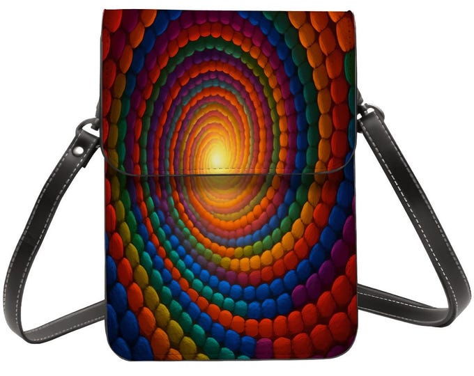 Rainbow Swirl Leather Cell Phone Purse: Hypnotic Spiral Crossbody Bag