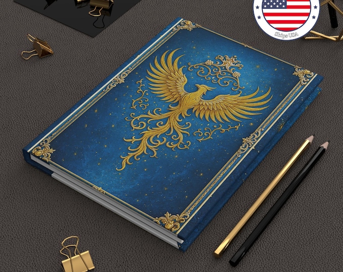 Golden Phoenix Illustration Hardcover Journal | Blue Ornate Mythical Notebook