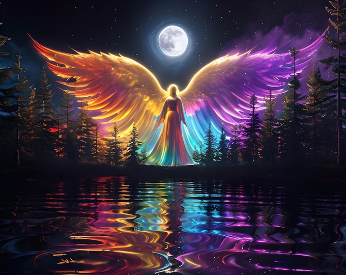 Angel in Forest Vibrant Diamond Painting Kit, Complete Craft, Spiritual Art, Colorful Rainbow art, Diamond Painting, Full Moon, Night Sky