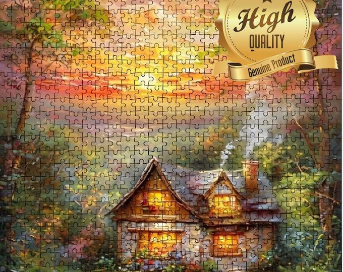 Cottage in the Woods at Sunset, Wooden Jigsaw Puzzle, Precision Cut High Quality Nature Lover Inspired Puzzle, 500 or 1000 pieces, Peaceful