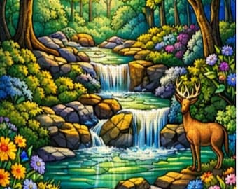 Stained Glass Forest Diamond Painting Kit | Deer Waterfall Nature Wall Art | Full Drill DIY Diamond Art Canvas | Woodland Craft Gift