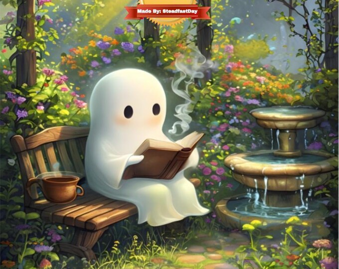 Ghost Reading in Garden Paint by Numbers, Framed Art Kit with Stand, DIY Painting Craft, Creative Hobby Kit, Art Gift Idea, Color by Number