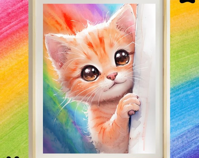Whimsical Rainbow Orange Cat Fine Art Posters, Cute Home Decor, Animal Wall Art, Gift for Cat Lovers, Colorful Nursery Print