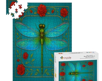 Dragonfly & Roses Wooden Jigsaw Puzzle | Boho Art, 500/1000 Pieces