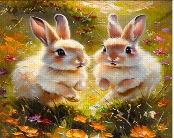 Bunnies in Flower Field Diamond Art Kit - DIY Nature Art Painting with Acrylic Diamonds, Cute Bunny Design, Complete Tool Kit Included