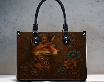 Steampunk Fox Handbag, PU Leather Tote Bag, Vintage Fox Purse, Steampunk Crossbody Bag, Woodland Art Handbag, Gear Floral Tote