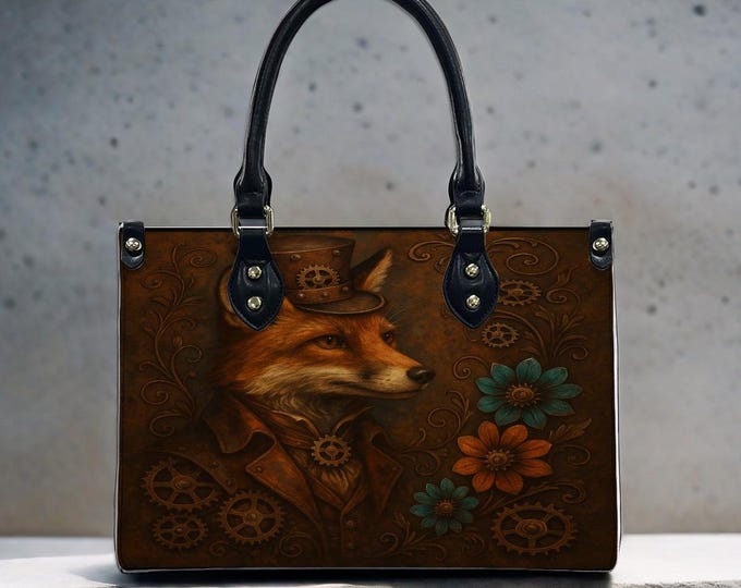 Steampunk Style, Fox, Handbag, Victorian Floral Gear Tote Bag Purse, Adjustable Strap included