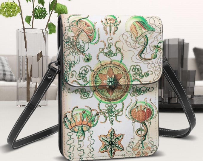 Leather Cell Phone Purse With Shoulder Strap, Ernst Haeckel Design, Sea Life, Vintage Art Design on both sides, Adjustable Removable Strap