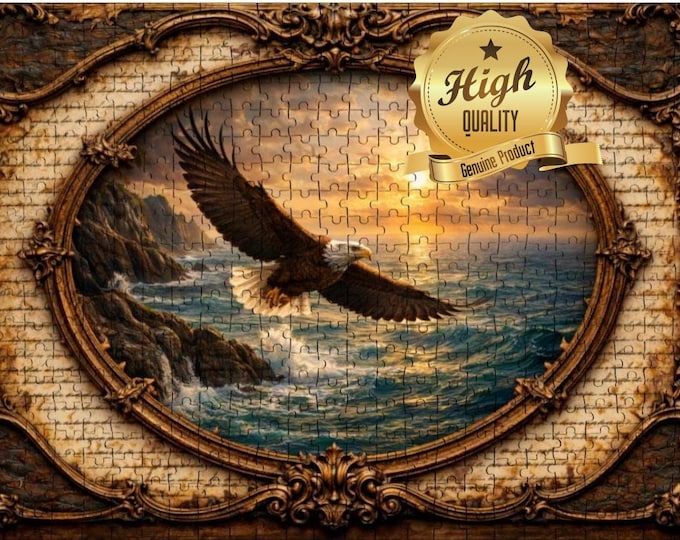 Bald Eagle Wooden Jigsaw Puzzle | Ocean Sunset Scene, Oak or Basswood Pieces