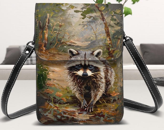 Woodland Creatures, Leather Cell Phone Purse With Shoulder Strap, Raccoon in the Forest, Adjustable Shoulder or Crossbody Strap, Nature