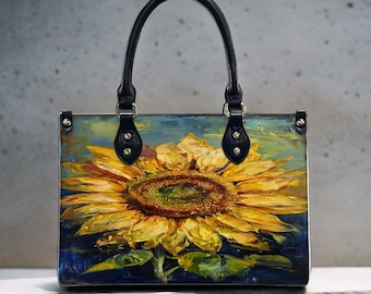 Sunflower Tote Bag, Painterly Floral Art PU Leather Shoulder Bag