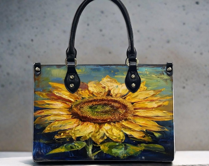 Sunflower Tote Bag, Painterly Floral Art PU Leather Shoulder Bag