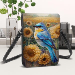 Pajarito, Cartera de Cuero para Celular con Correa para el Hombro, Pájaro Azul con Girasoles en una Cerca en un Campo de Flores, Correa Ajustable y Desmontable
