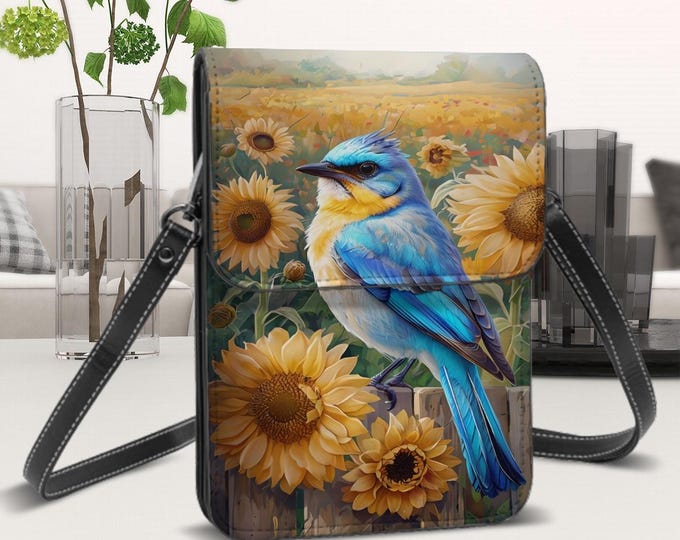 Little Bird, Leather Cell Phone Purse With Shoulder Strap, Blue Bird with Sunflowers on Fence in Flower Field, Adjustable Removable Strap