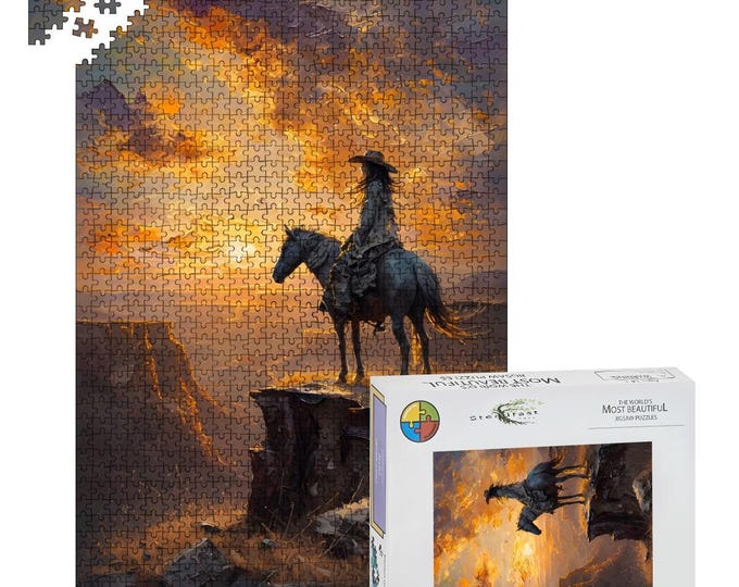 Cowgirl Sunset Jigsaw Puzzle: Oak Wood, 500/1000 Pieces