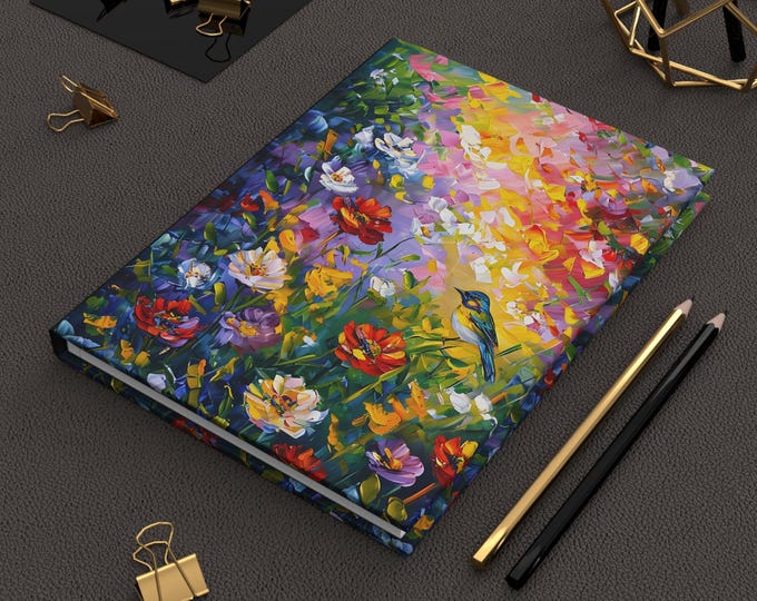 Matte Hardcover Journal, Vibrant Bird and Flowers Notebook, Oil Painting Design, Lined Pages, Writing Diary, Gift for Nature Lover,