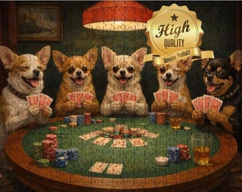 Chihuahua Poker Puzzle 500 or 1000 Piece Jigsaw Puzzle Funny Dogs Playing Cards Puzzle Dog Lover Gift Wooden Puzzle
