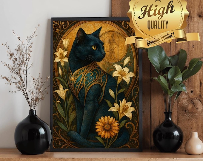 Puzzle • Egyptian Cat, Sunflower Lily Floral Jigsaw • 500 or 1000 Pieces • Cat Art Nouveau